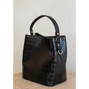 AOTA Elena Croc Top Bucket Bag with Crossbody Strap in Black